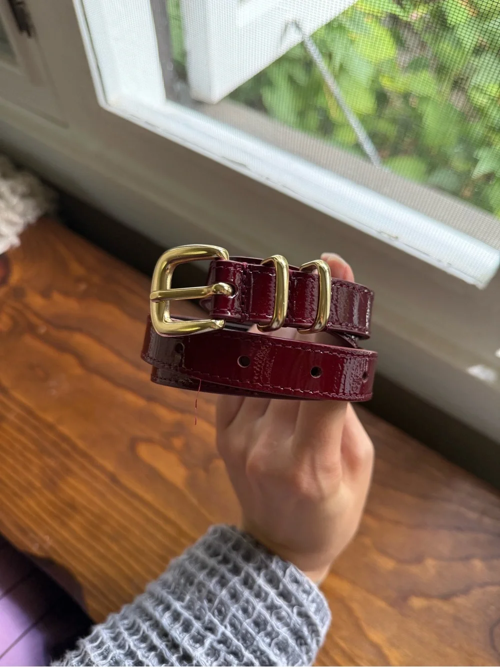Sezane Patent Purple Burgundy Leather Belt with Gold Buckle